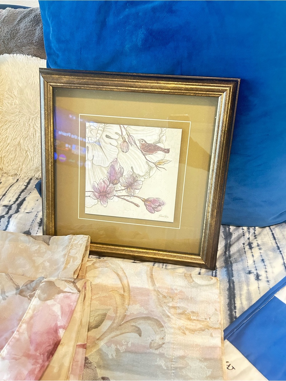 3 Framed Botanical Wall Art with Purple Accents and 2 vintage shower curtains.
